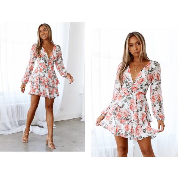 HELLO MOLLY Miami Love Dress Womens Size XS US 2 White Floral Flowy Tiered Mini - Picture 1 of 16